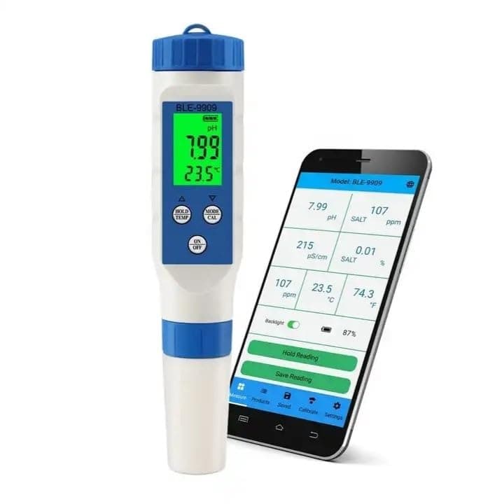AlphaDesignLuxe 5-in-1 pH Meter with Bluetooth, High Accuracy Measurement of TDS, pH, EC, Salt and Temp Water Testing Kit for Home Drinking Water, Hydroponics, Lab, Aquarium and More.