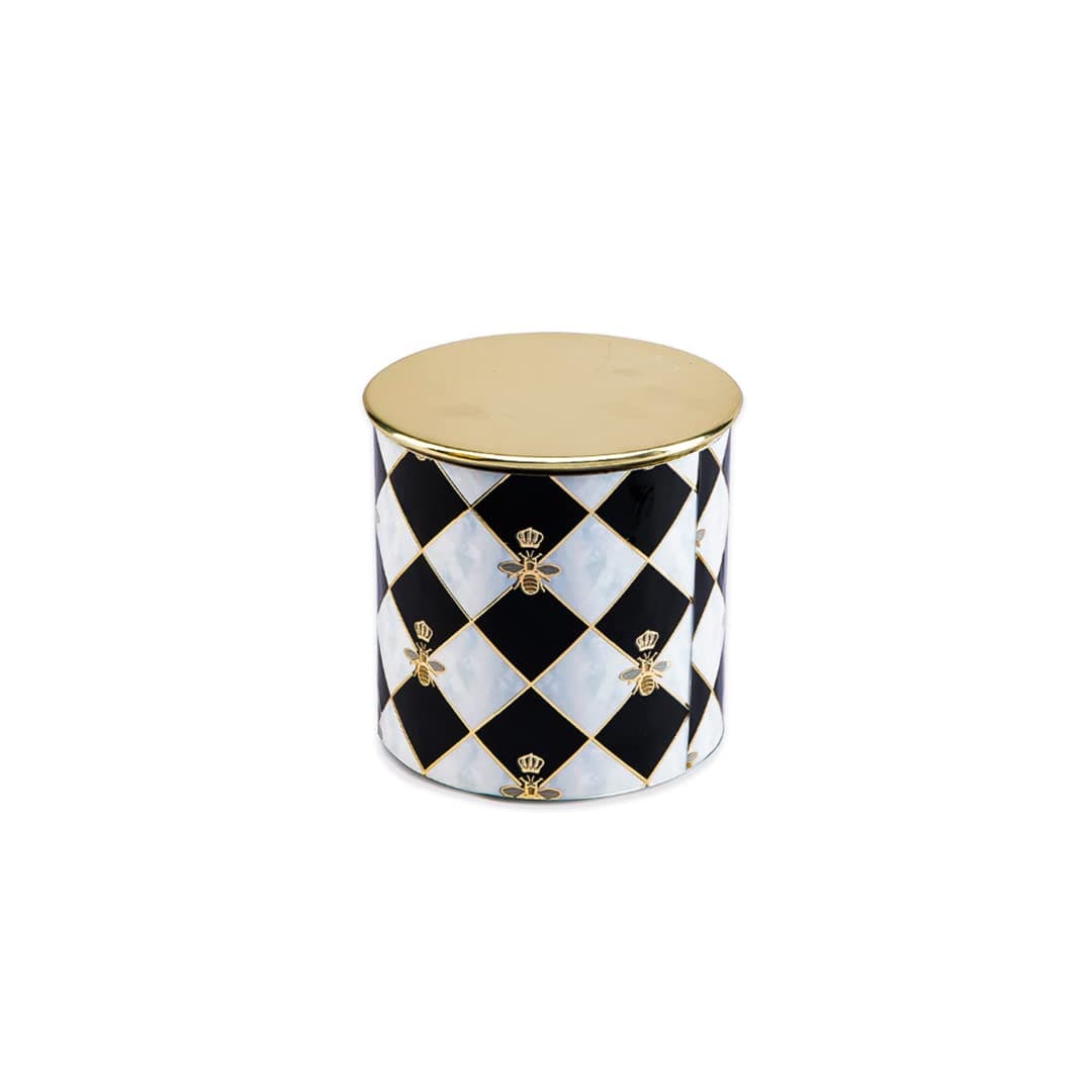 IZZHAAR Gingham Bee Goodies Snacks Storage Jar for Kitchen, Printed Round Metal Food Container Jars, Pantry Canister for Spices, Coffee, Tea & Cookies (Black & White)