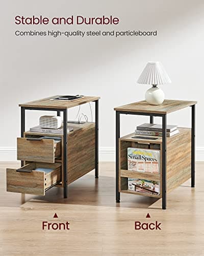 VASAGLE Side End Table with Charging Station, Slim Nightstand with 2 Drawers, Narrow Bedside Table for Living Room, Small Spaces, Turquoise Brown and Ink Black ULET321B60