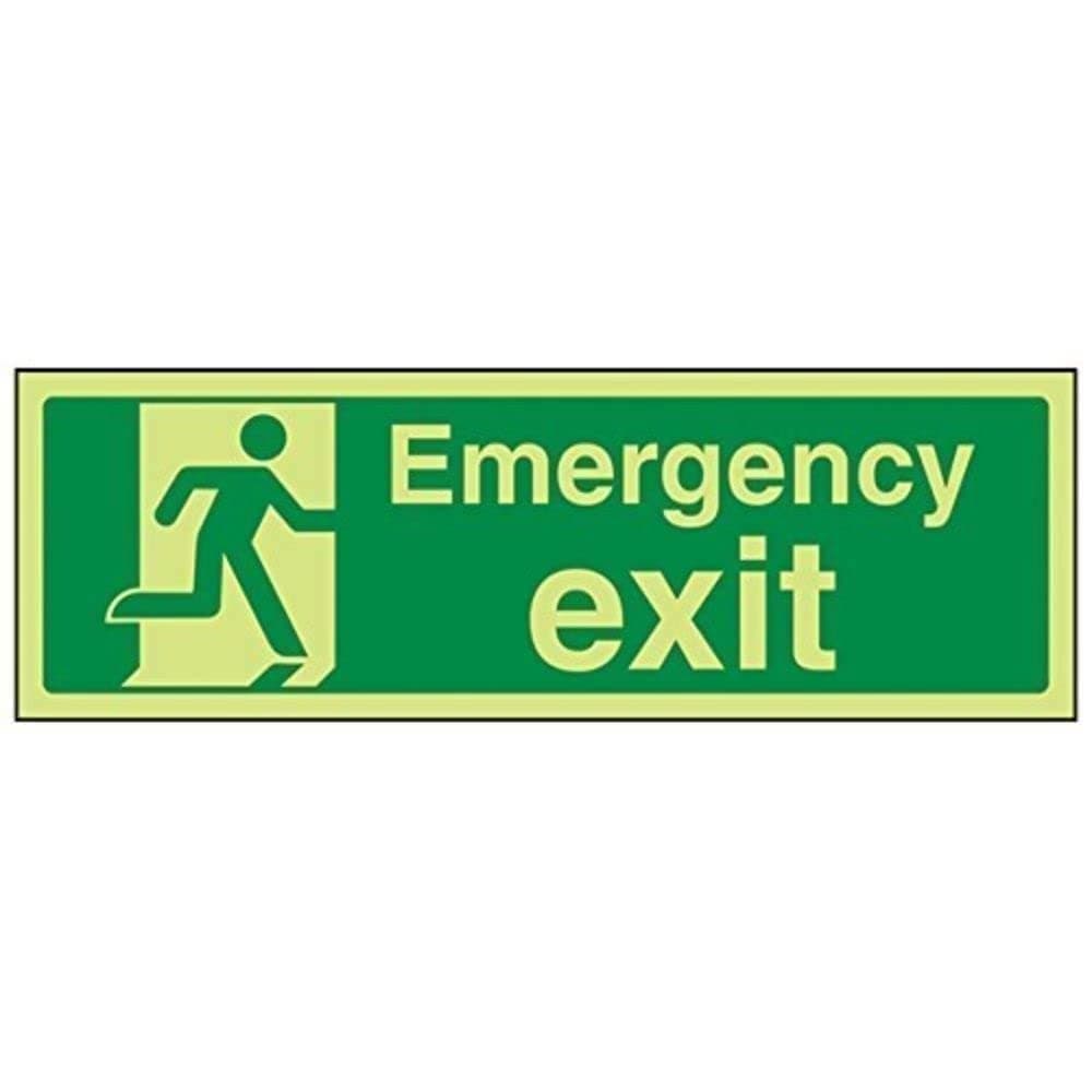 VSafety 21015AX-G Safe Condition Exit Sign, "Emergency Exit", Landscape, 1 mm Glow In The Dark Plastic, 300 mm x 100 mm, Green