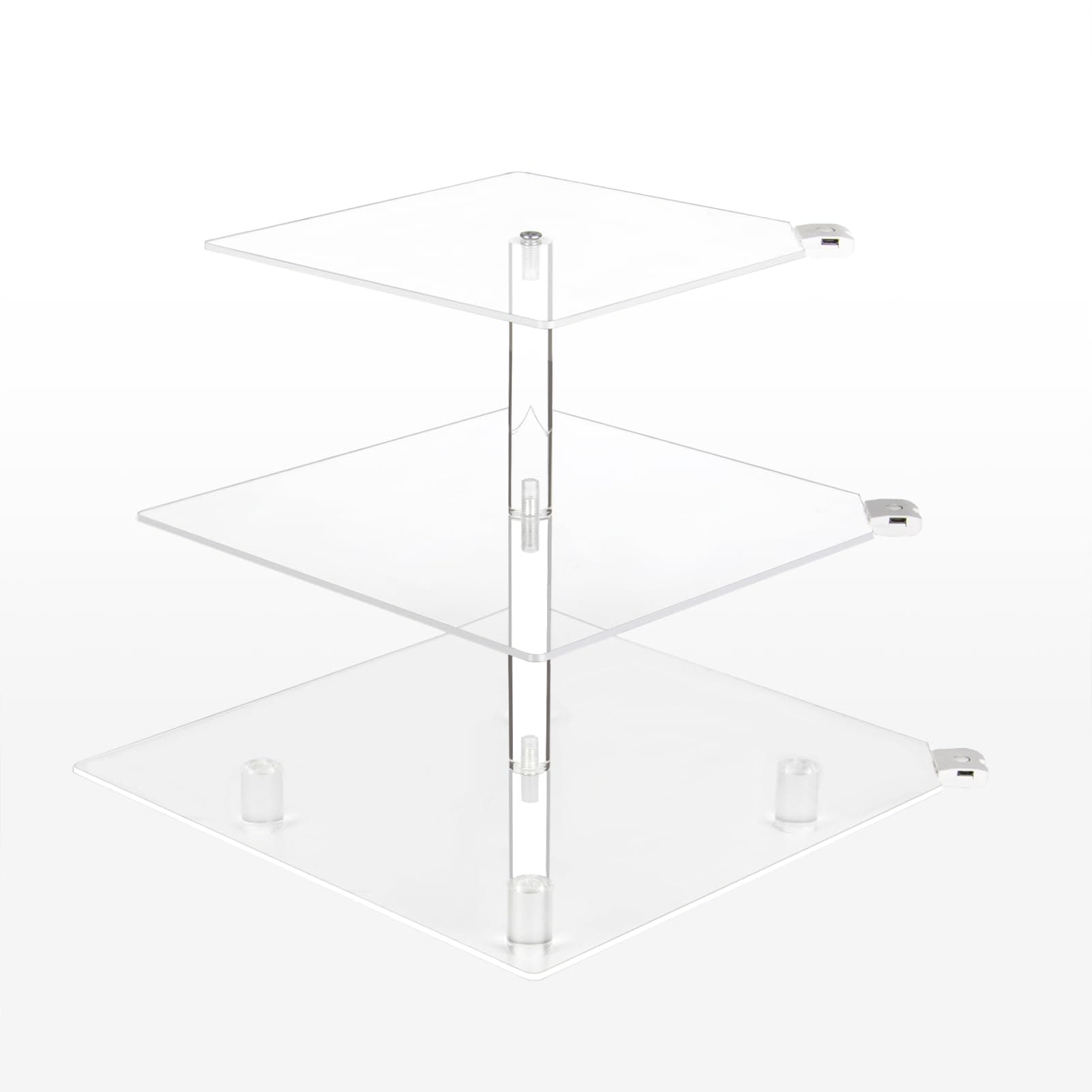 3 Tier LED Acrylic Display Risers, Clear Tower Display Stand with Rechargeable Light, Showcase for Dessert, Cupcake, POPs, Cosmetics and Perfume, for Weddings, Birthdays, Party Event (Square)