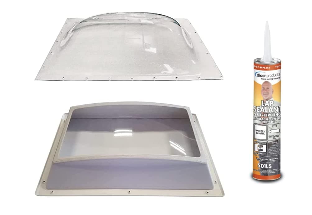 SCT RV Skylight Bundle - Clear Outer Dome 14" x 22", Flange 17" x 25" and Inner Dome with Window 14" x 22" + Dicor 501LSW-1 Lap Sealant