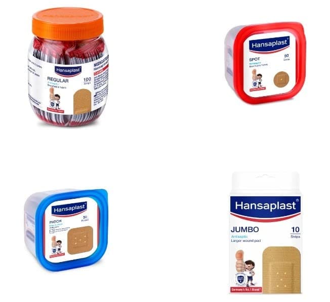 Regular Ventilated 100 Strips Jar- Hansaplast Spot 50pcs- Hansaplast Patch 50 pcs with Hansaplast Jumbo XL 2x10=20pcsCombo