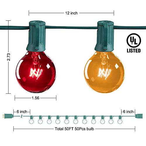 G40 Globe Patio String Lights 50Ft with 50 Multicolor Transparent G40 Bulbs, UL Listed Hanging Indoor/Outdoor Christmas String Lights for Bistro Pergola Backyard Market Gazebo Party Decor, Green Wire