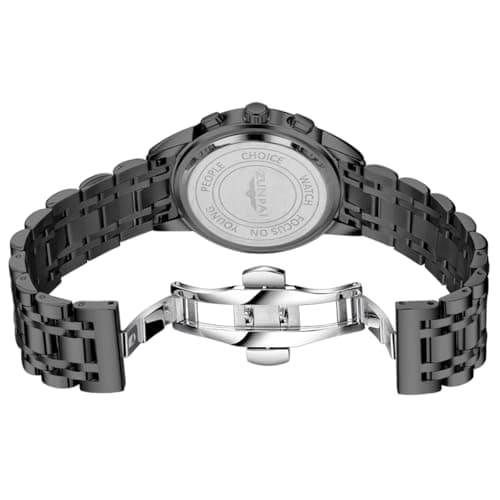 Senstone Moon Phase Watch for Men Multifunction Chronograph Dial Analog Quartz Wrist Watch Luxury Diamond Business Dress Watch Luminous Waterproof Calendar Stainless Steel Strap, black, Fashion