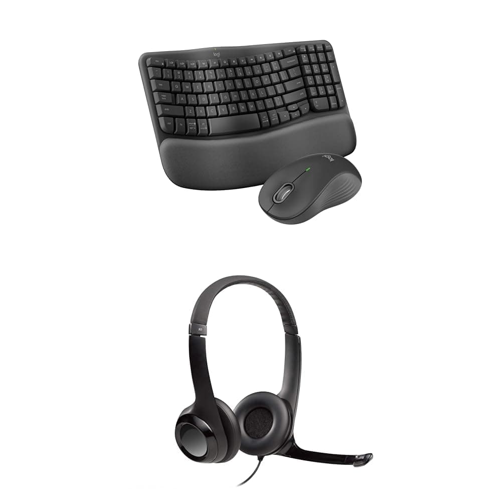 Logitech Wave Keys MK670 Combo, Wireless Ergonomic Keyboard for Multi-OS, Windows/Mac + H390 Wired Headset for PC/Laptop, Stereo Headphones with Noise Cancelling Microphone, USB, in-Line Controls