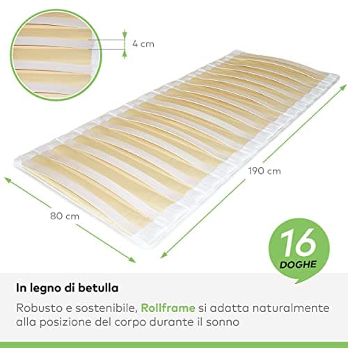 EVERGREENWEB - Double roll-up bed base 140x190 cm with birch wood slats, roll-up slatted mat, suitable for all mattresses. Made in Italy