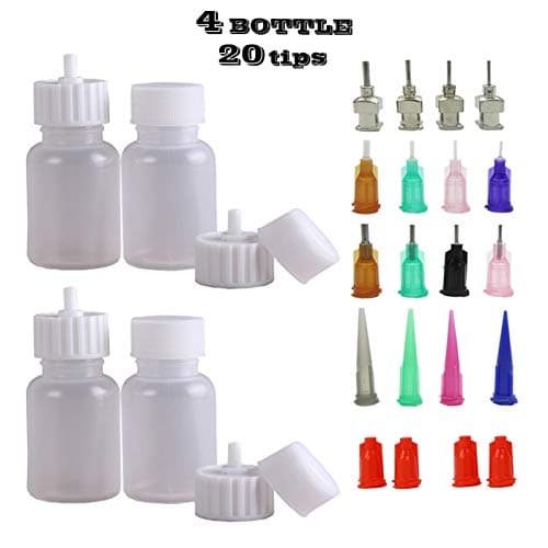 Temporary Tattoo Applicator Bottles Sets Kit with 4 x Applicator Bottle and 16 x Plastic Metal Nozzle for Henna Art Paste Cone - Qty 4 & 20 Tips