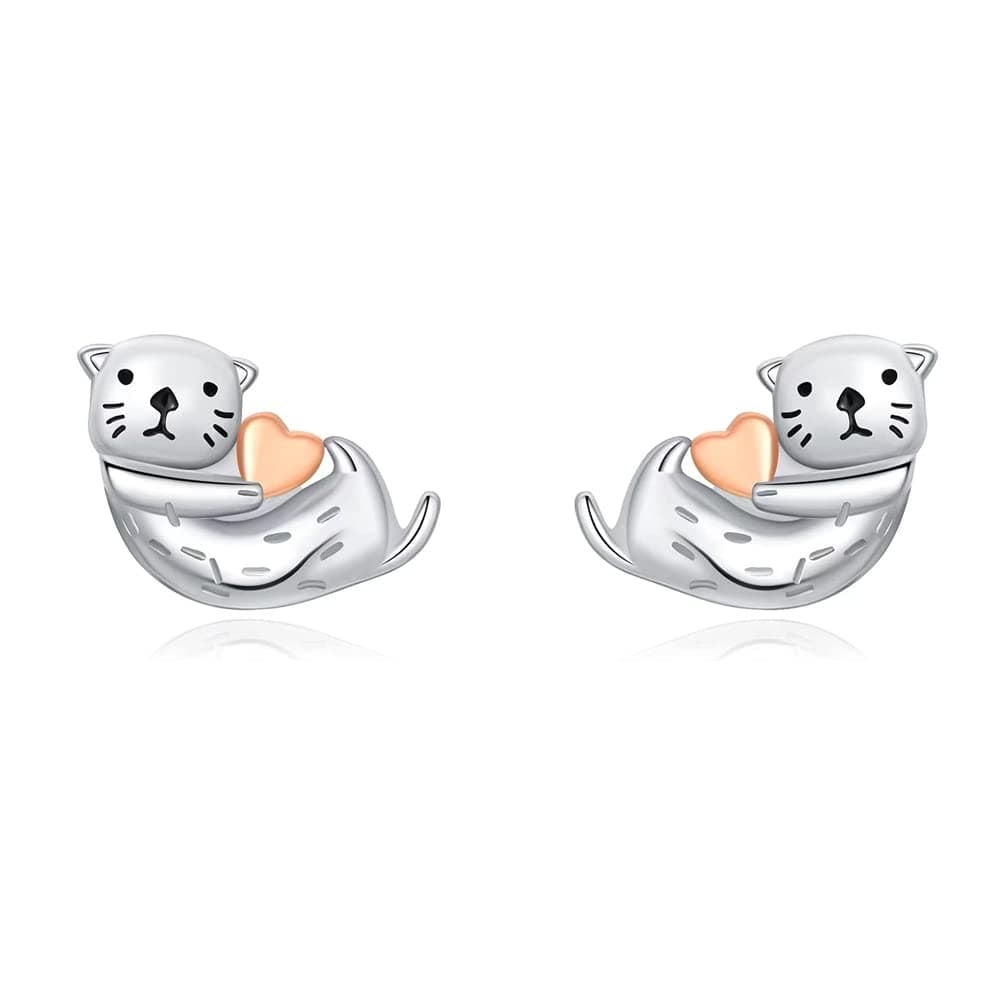 Sea Otter Stud Earrings 925 Sterling Silver Post Tiny Cute Animal Promise Love Heart Statement for Women Small Cartilage Delicate Lovely Jewelry for Daughter Niece