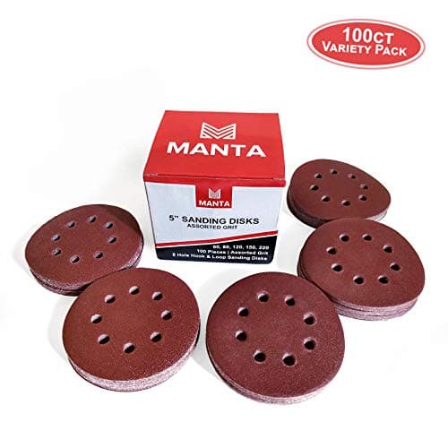 Manta 8-hole 5-in Hook and Loop Sanding Discs for Random Orbit Sanders with 60/80/120/150/220 Grit Assortment - 100ct Multi-Pack