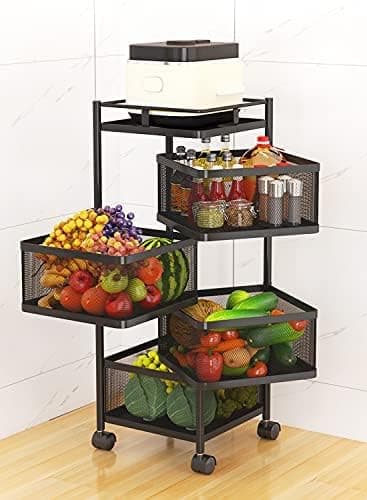 Thickened Metal Kitchen Vegetable Storage Basket Multi-layered Rotatable Wheels Storage and Organizer Square Rack For Multi-Purpose (5Racks)