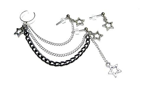 Starry Black Silver Double Chain Ear Cuff Earring