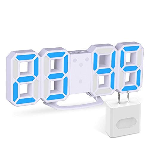EVILTO LED Digital Alarm Clock with Night Light, 3D Number Style Modern Wall/Mounted/Desk/Shelf Clocks with Adjustable Brightness, Snooze Function for Home Bedside Office School 8.4" Blue/White