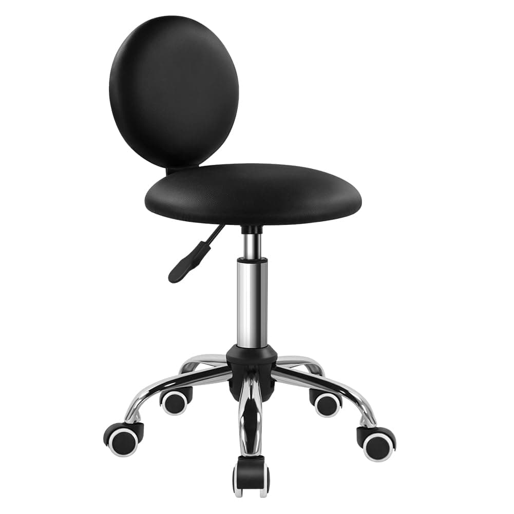 Mini Round Rolling Stool with Back Height Adjustable Stool on Wheels for Spa Salon Massage Black