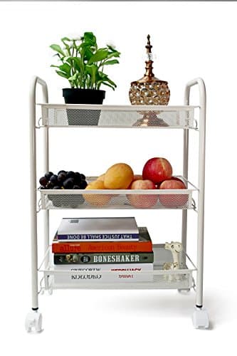 EXILOT 3-Tier Mesh Wire Rolling Cart Multifunction Utility Cart Kitchen Storage Cart on Wheels, Steel Wire Basket Shelving Bathroom Trolley,Easy moving (White)