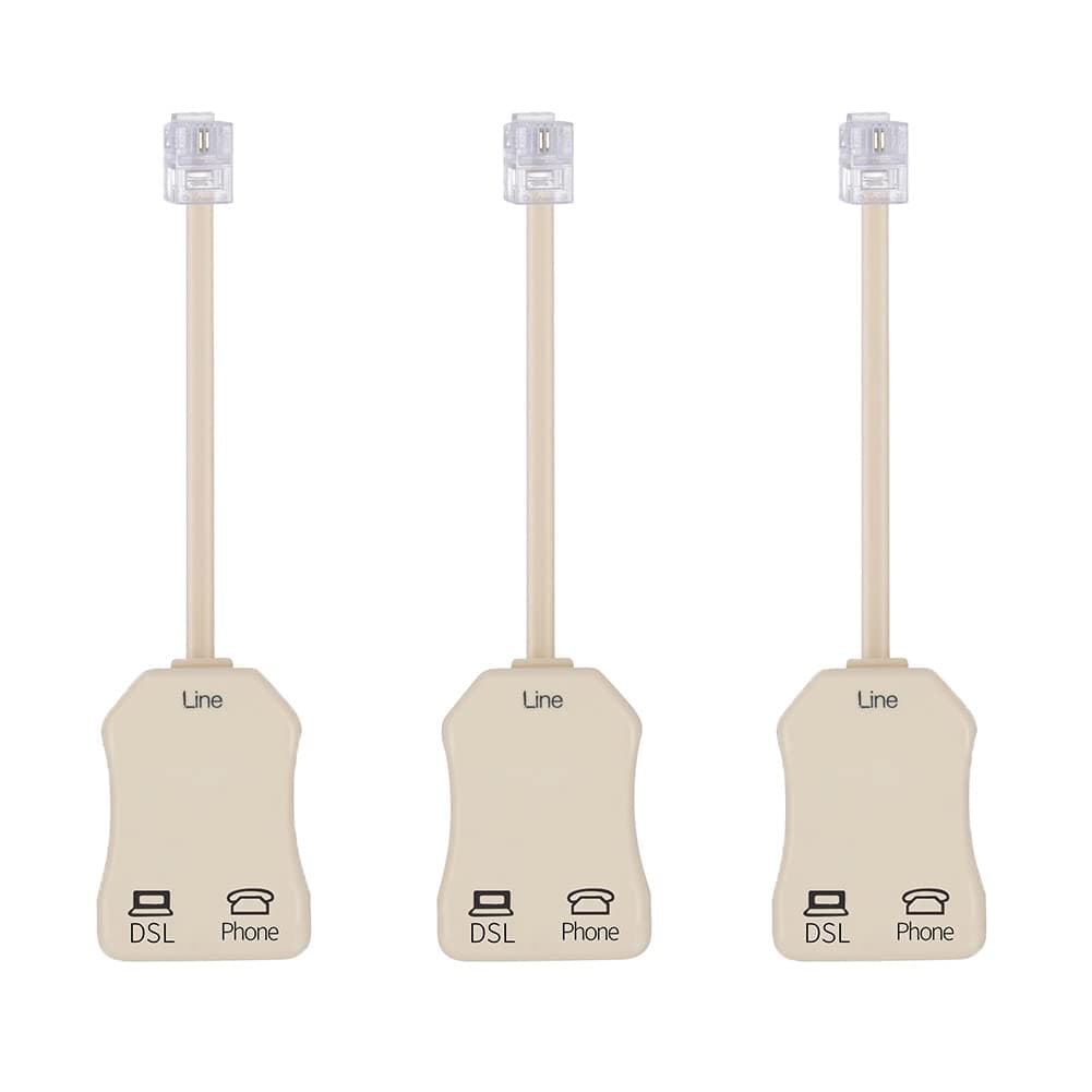 3-Pack DSL Filters with Built-in Splitter - 2 Wire, 1 Line, RJ11 6P2C Male to 2 Female Telephone Modem ADSL Splitter
