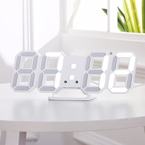Yurieso 3D LED Digital Alarm Clock Wall Mount,USB Wall Clock Thermometer/Date,Simple House Standing Desk Bed Bedside Smart Alarm Clock for Bedroom/Women/Men Auto Dimmable 3 Brightness Level,12/24 Hrs