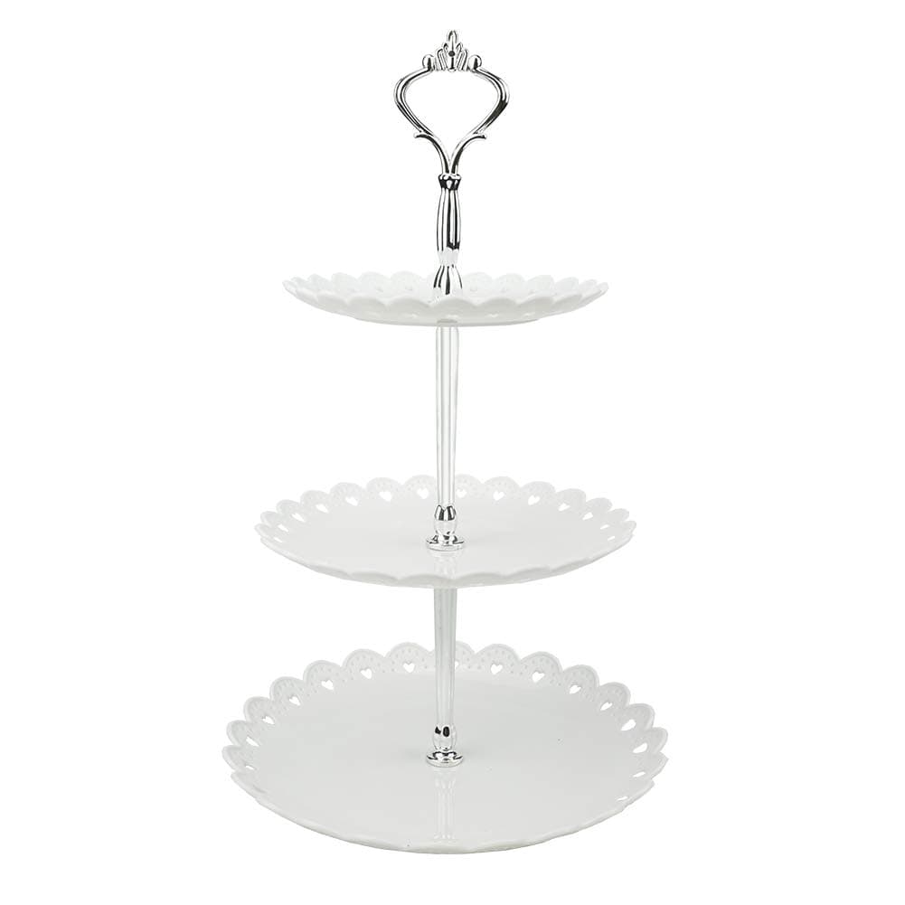 Hetoco 3-Tier White Silver Plastic Dessert Stand Pastry Stand Cake Stand Cupcake Stand Holder Serving Platter for Party Wedding Home Decor