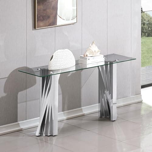 Luxury Silver Glass Console Table Modern 55" Slim Entryway Table with Shiny Mirrored Stainless Steel Base Clear Glass Top Sofa Console Tables for Living Room Home Office