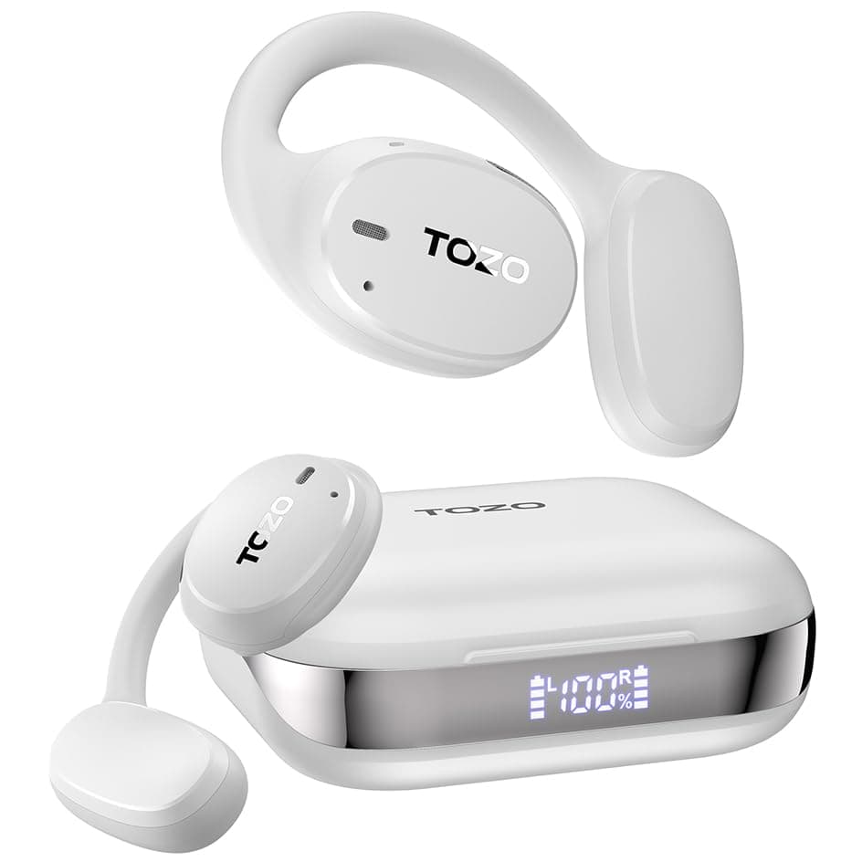 TOZO OpenEgo True Wireless Open Ear Headphone, 5.3 Bluetooth Sport Earbuds with Earhooks for 80H Playback with Digital Display, Snow White