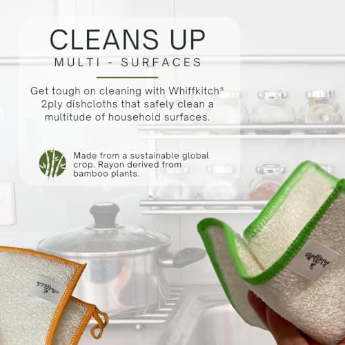 Whiff Bamboo Dish Cloth & Kitchen Wipe, Replace Your Sponge with 6 Naturally Odor Free, Washable, Reusable, Absorbent, Sustainable, Durable, Bamboo Antibacterial - Antimicrobial Dish Rags