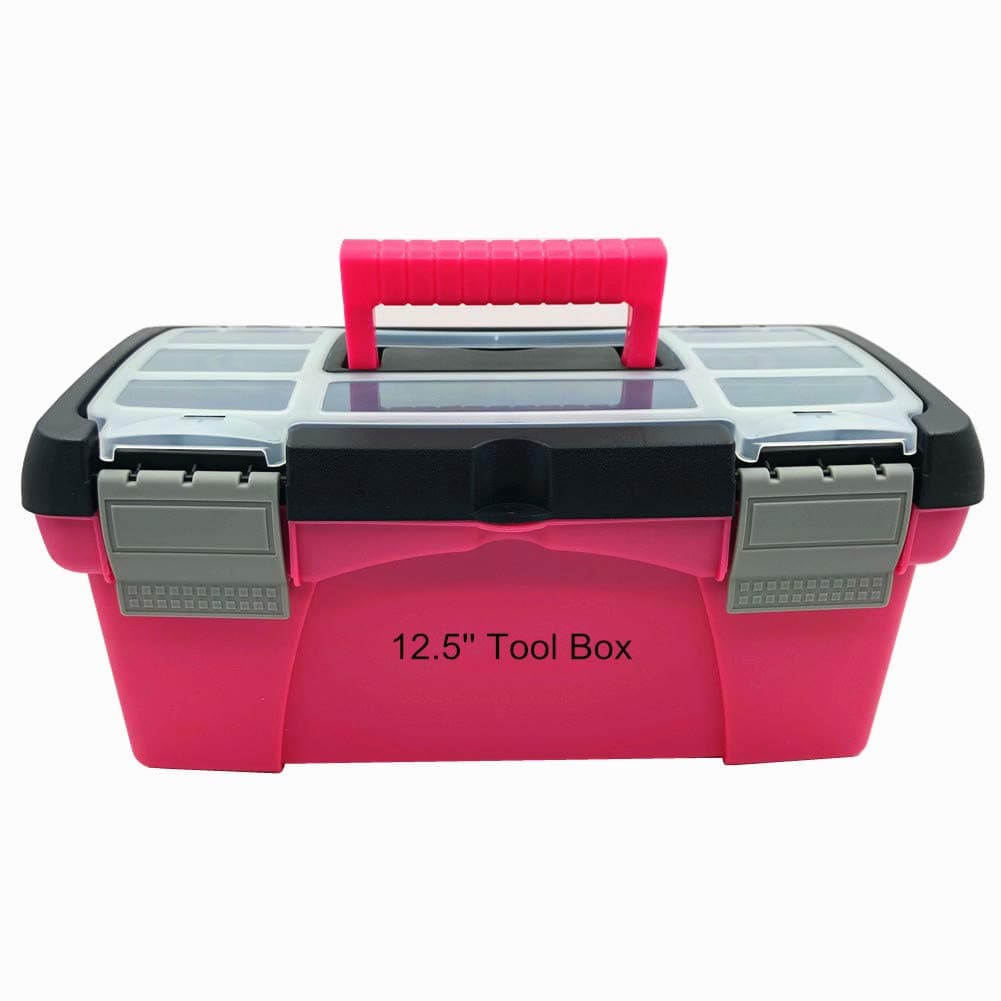 12.5" Tool Box with Removable Tool Tray,Organizer and Storage For Tools, Fishing Tackle, Toys, Art, Craft, and Parts.(Pink Toolbox)