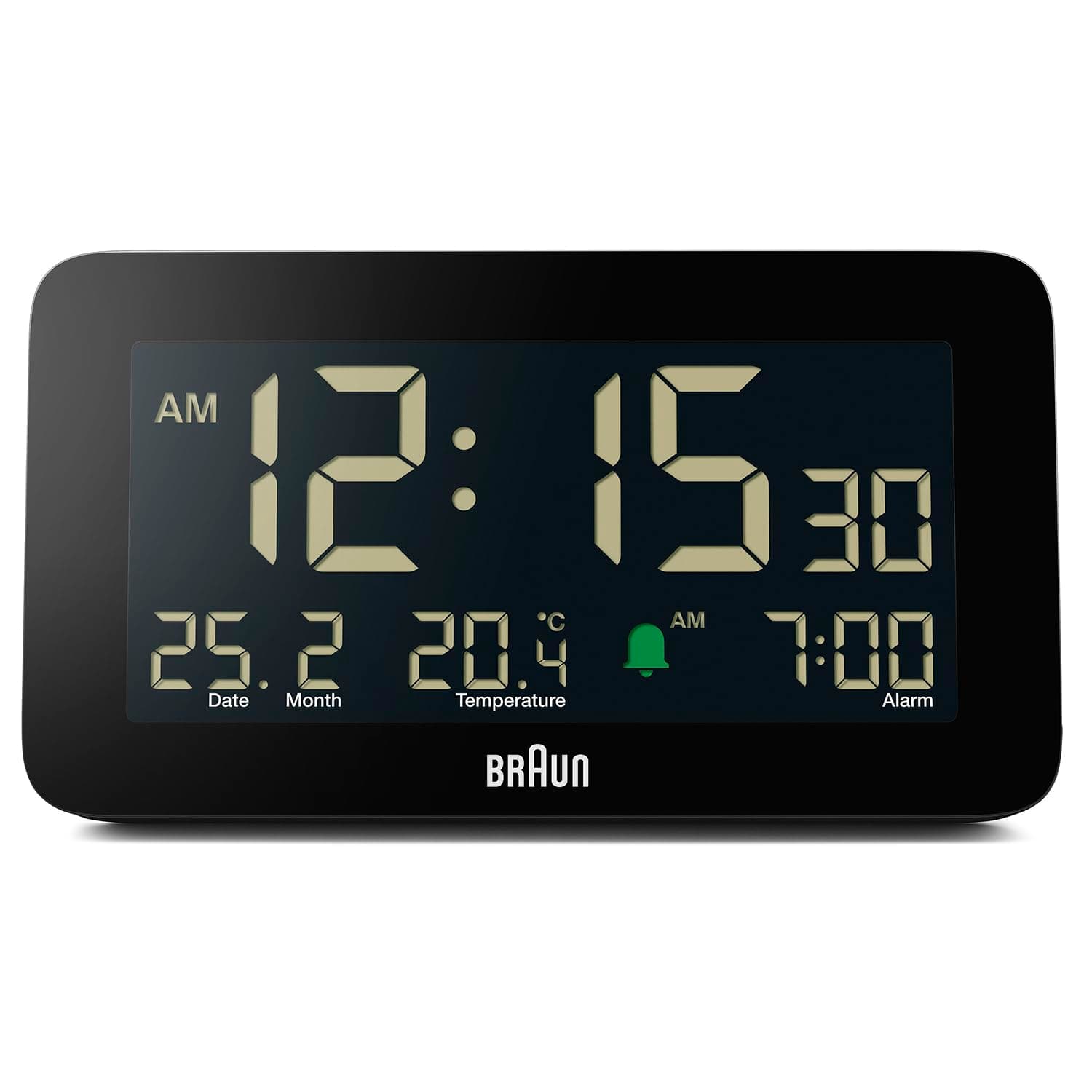 Digital Alarm Clock with Date, Month and Temperature Displayed, Negative LCD Display, Quick Set, Crescendo Beep Alarm in Black, model BC10B (1 Pack)