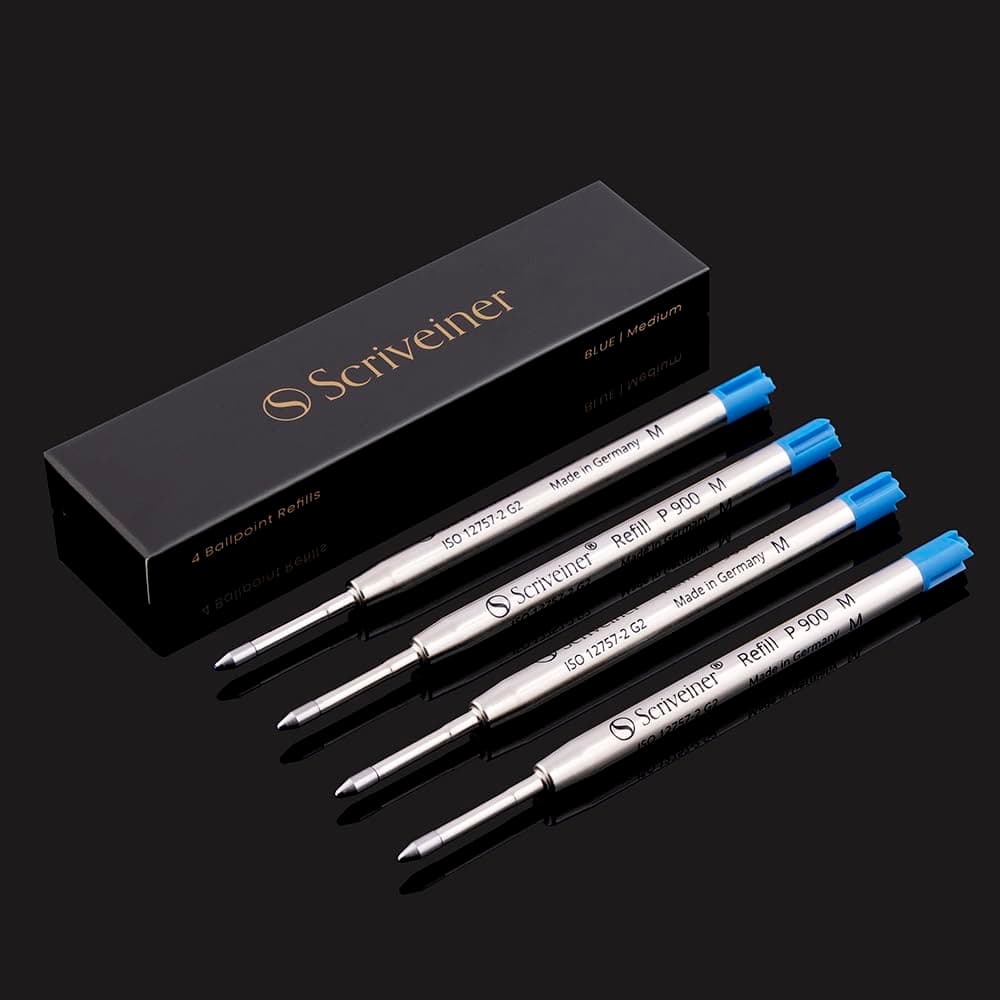 Ballpoint Refill Blue Medium - 4 Ballpoint Refills Designed Pens - Stainless Steel Tip with Tungsten-Carbide Ball Refill M - Made in Germany
