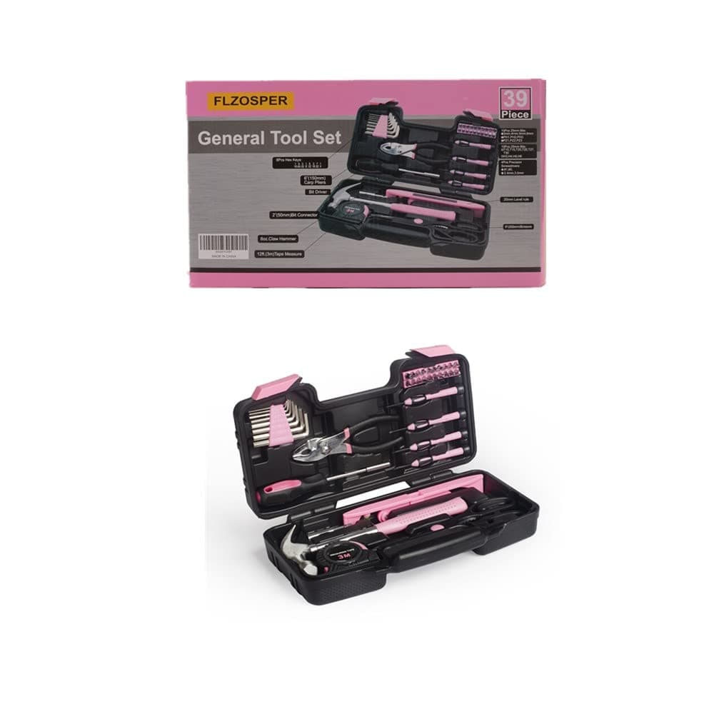 39-Piece General Tool Set-Essential Household Hand Tool Kit with Portable Toolbox Storage Case（Pink—Level Ruler））