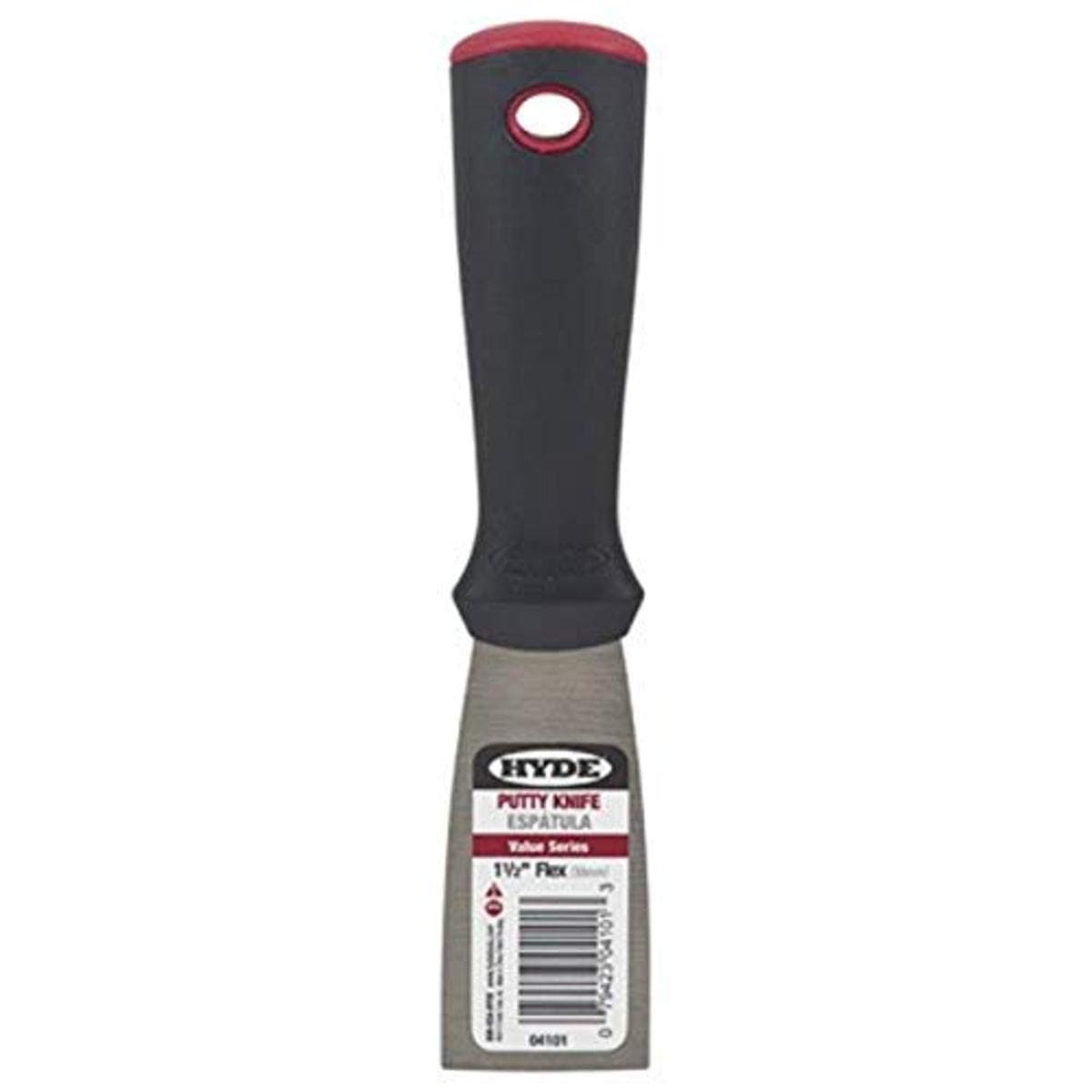 Hyde Tools 4101 1-1/2" Putty Knife-Flexible High Carbon Steel Blade is Tempered and Satin Finished-Handle is Reinforced Polypropylene and is Solvent Resistant