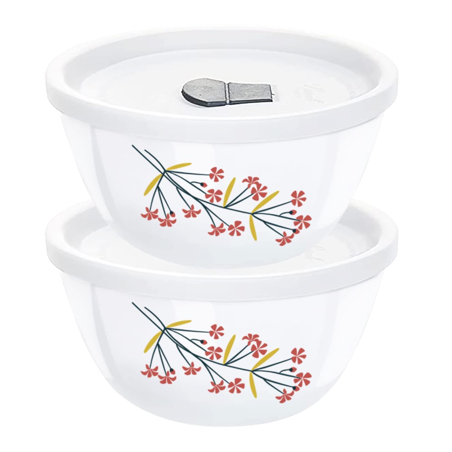 Larah by Borosil Red Bud Opalware 2 pc Mixing & Serving Bowl Set with Lid | 750 ml Each | Microwave & Dishwasher Safe, Bone-Ash Free | Crockery Set Ideal for Daily Use & Gifting, White
