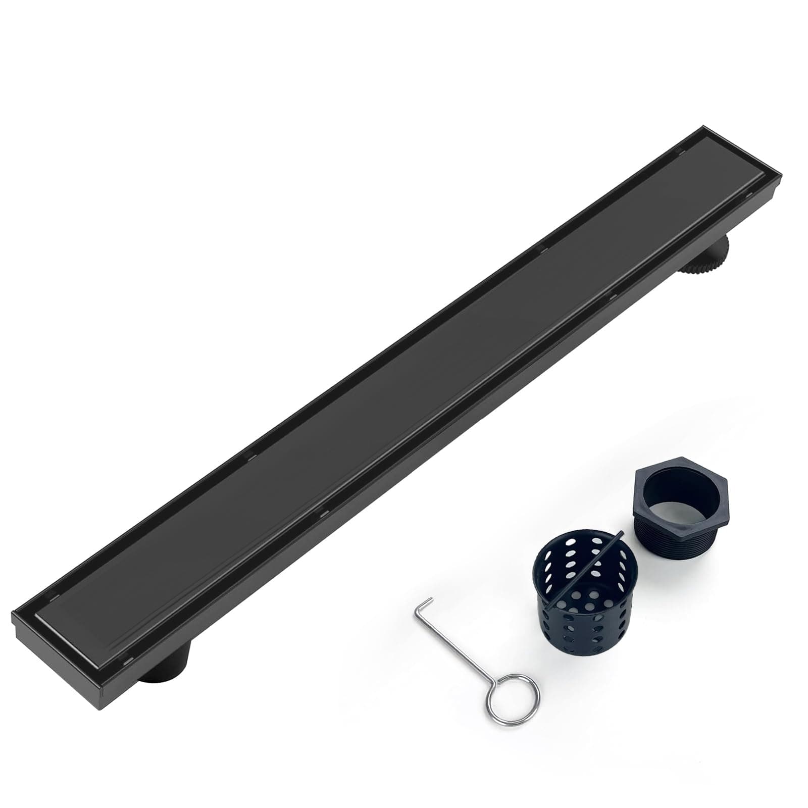 Offset Linear Shower Drain, Black Shower Drain 32 inch with 2-in-1 Tile Insert Cover, Brushed 304 Stainless Steel Side Outlet Black Shower Floor Drain with Hair Catcher and Adjustable Feet