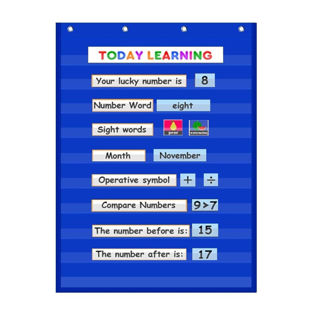 Standard Pocket Chart Clear 10 Pockets Chart for Classroom & Home Heavy Duty Hanging Pocket Chart for Word Wall/Letter Cards/Sentence Strips 28Wx43L,Blue