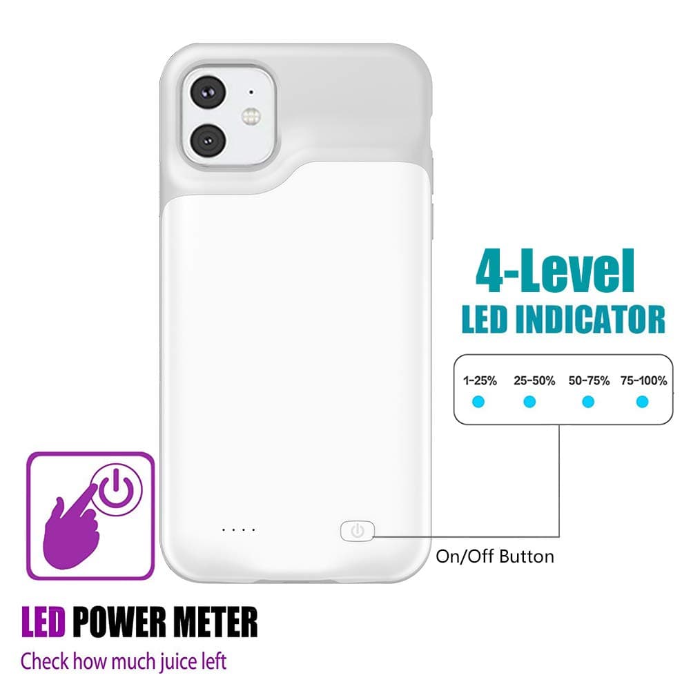 iPhone 11 Battery Case, Euhan 6000mAh Ultra Thin Rechargeable Portable Power Charging Case For iPhone 11 (6.1 inch) Extended Battery Pack Power Bank Charger Case (White)