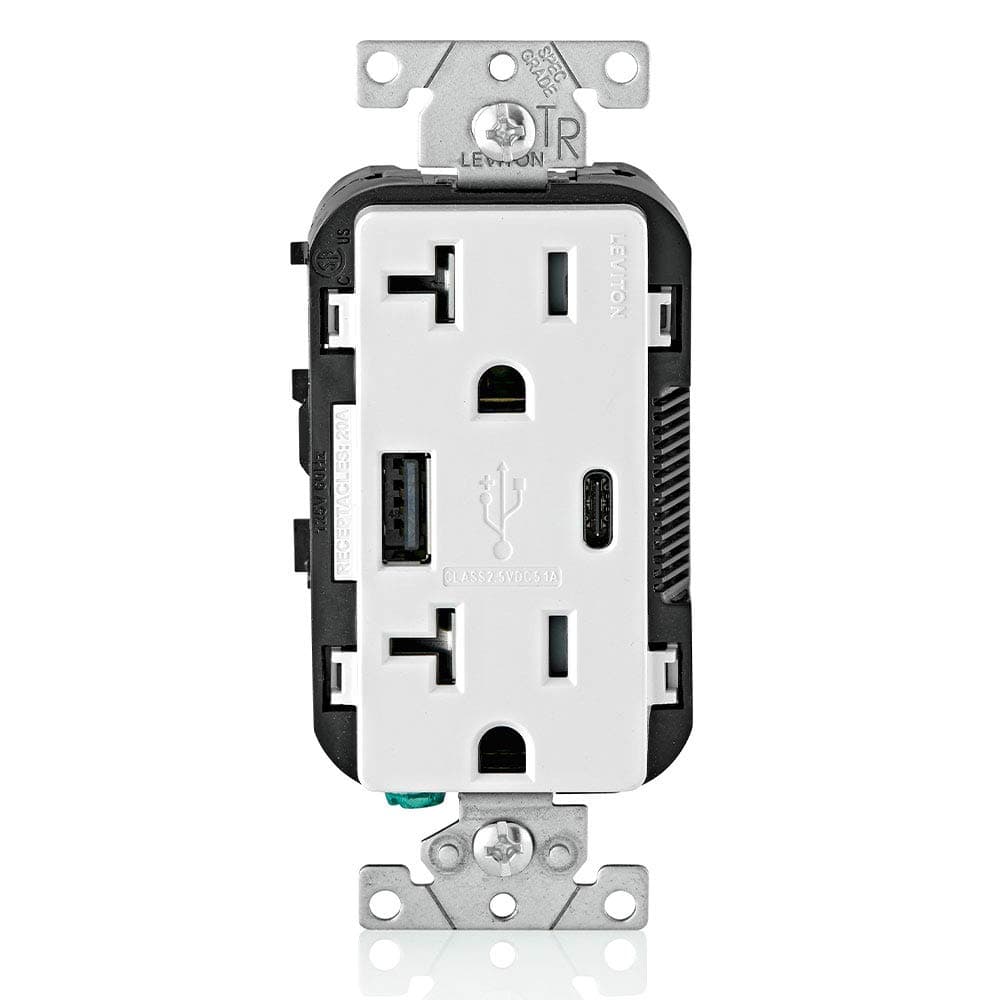 Type A & Type-C USB In-Wall Charger with 20A Tamper-Resistant Outlet, USB Charger for Smartphones and Tablets. Not for Laptops, T5633-W, White