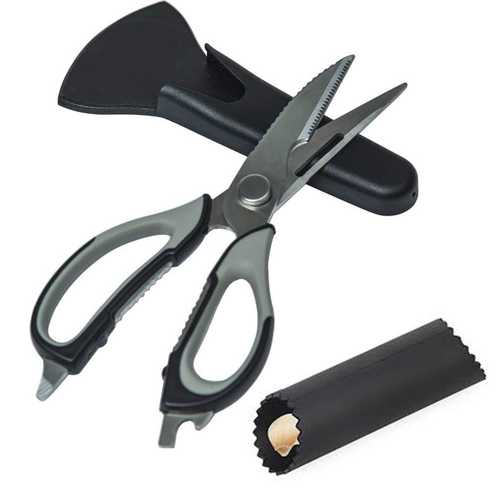 Multifunction Kitchen Scissors [GOONTING] Multipurpose Stainless Steel Kitchen Shears 7in1 Heavy Duty Kitchen Scissors Dishwasher Safe PLUS Garlic Peeler by Magnetor Plus (Black)