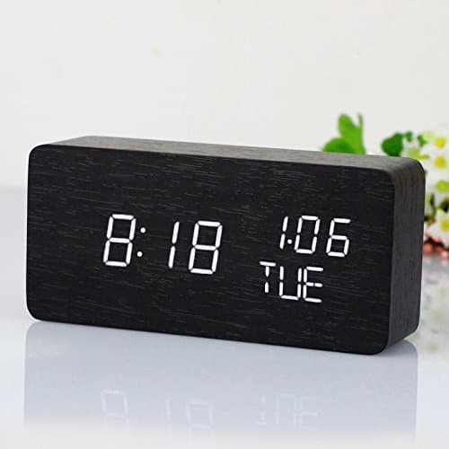 Elecsmart Decorative Desktop Alarm Clock with Time and Temperature Display - Sound Control - Latest Generation Week display(Black wood white light)