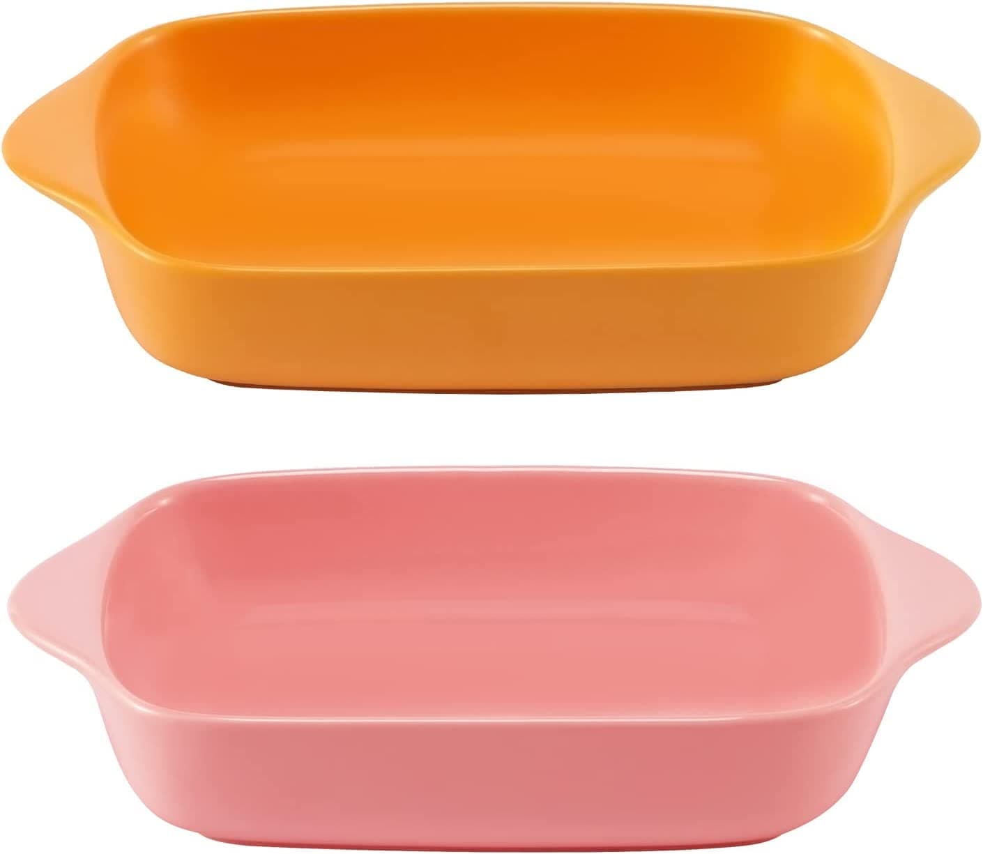 Trifecta Ceramics baking dish Matte-colored rectangular casserole dish with Handle for Oven Ceramic Baking Pan Lasagna Casserole Pan Individual Bakeware 9x5 inch (Yellow And Pink Pack - 2)