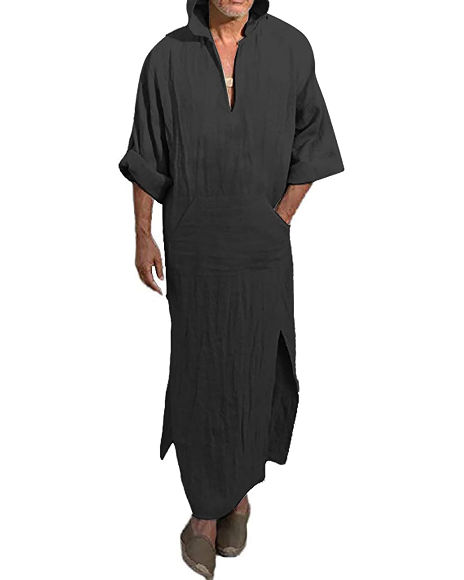 Men's V-Neck Short Sleeve Robe Side Split Kaftan Thobe with Pockets Casual Shirt