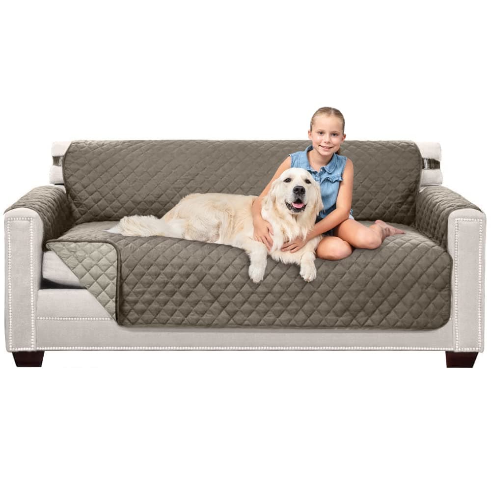 Sofa Shield Patented Couch Slip Cover, Large Cushion Protector, Reversible Stain and Dog Tear Resistant Slipcover, Quilted Microfiber 70” Seat, Washable Covers for Dogs Pets Kids, Latte Linen