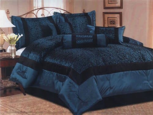 7 Pieces Satin Blue/Black Flocking Leopard Pattern Comforter Set King