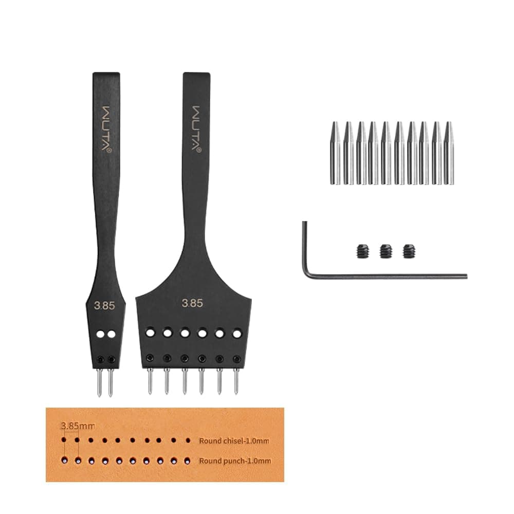 WUTA Removable Head Hole Punch Leather Chisel Stitching Professional Working Hand Tool Round Hole Puncher Chisel DIY Leather Tools 2nd Gen 3.85mm-(2+6)