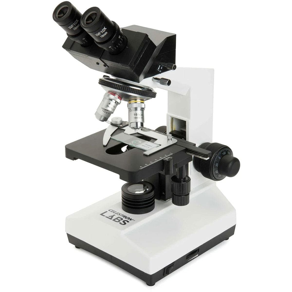 Celestron CB2000C Compound Binocular Microscope w/40x - 2000x Power, Mechanical Stage, 4 Fully Achromatic Targets, Abbe Capacitor, 10x and 20x Eyepiece, Coaxial Focus, 10 Slides, Tri-Color Filter
