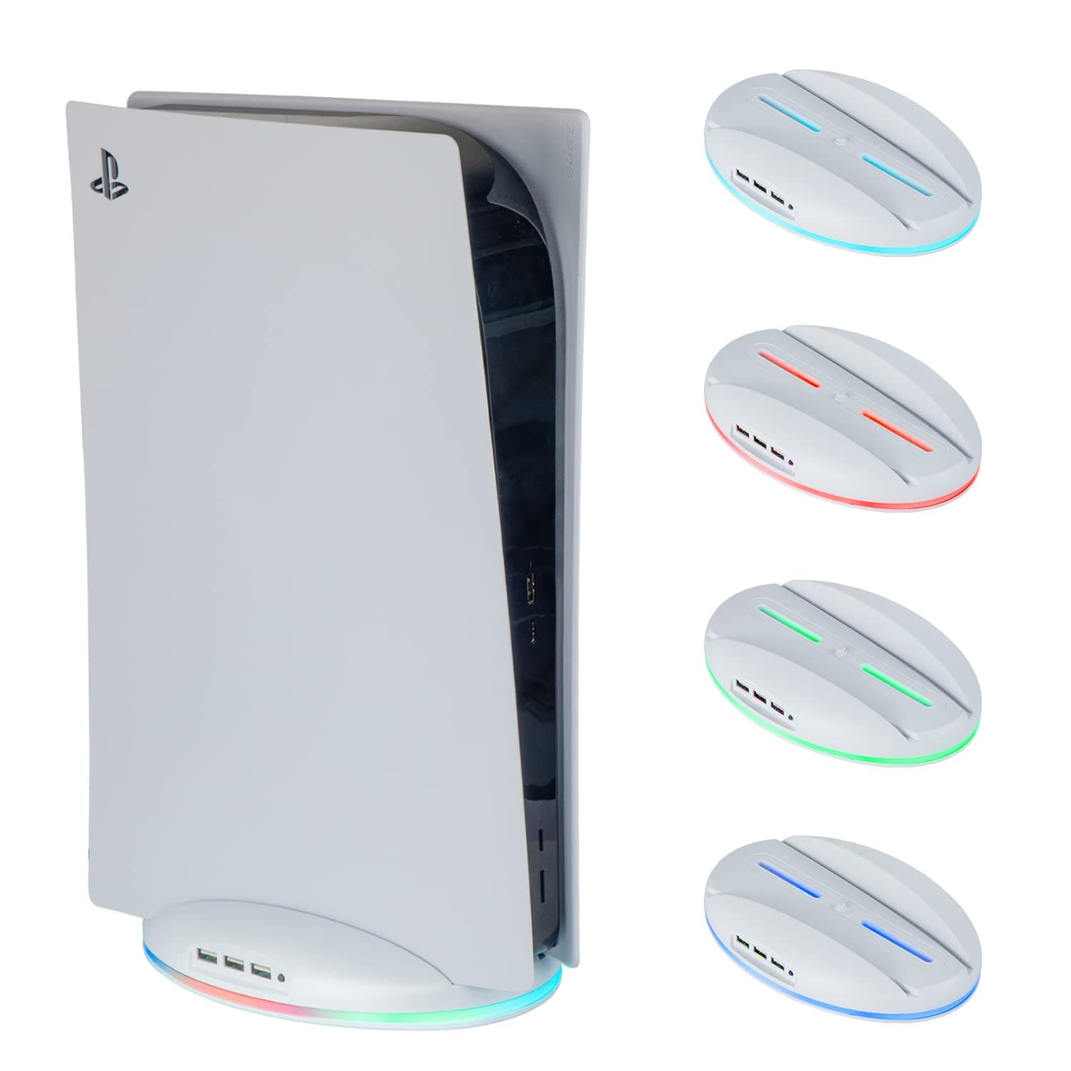 Mviioefor PS5 LED Stand, 2 in 1 LED Light Base with 7 RGB Color Modes PS5 USB Hub with 3 USB 2.0 Ports Compatible with PS5 Disc & Digital Editions (White)