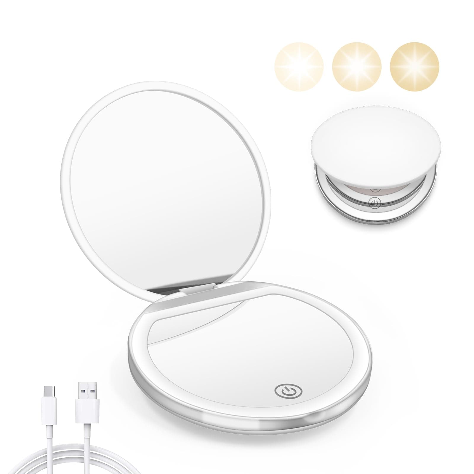 Compact Mirror with Light, 1X/3X Magnification LED Pocket Mirror with USB Data Cable,Mini Mirror for Purse, Pocket,Travel and Present (White)
