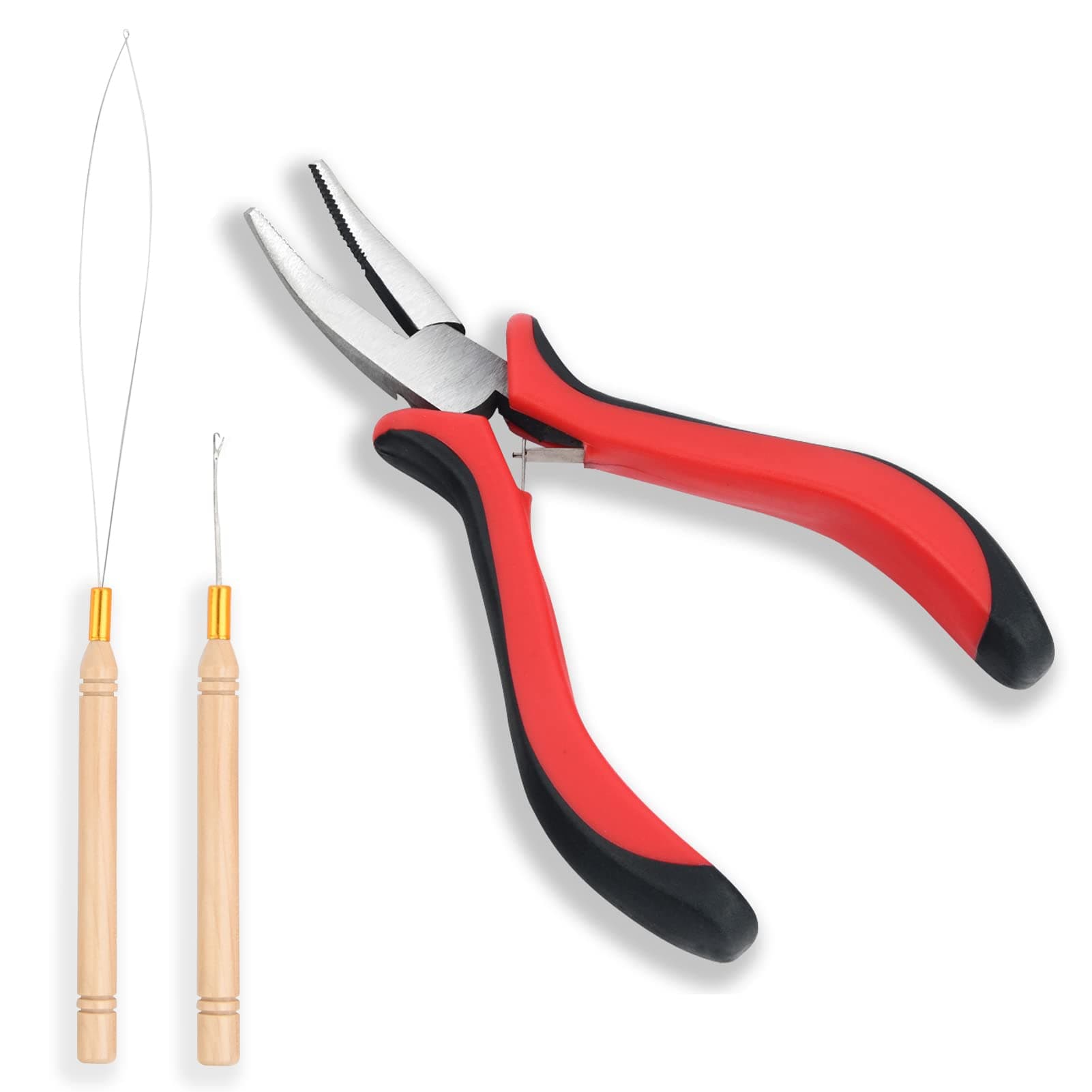 3 Pc Kit for Micro Ring Link Hair and Feather Extensions: Pliers, Micro Pulling Needle, and Loop Threader