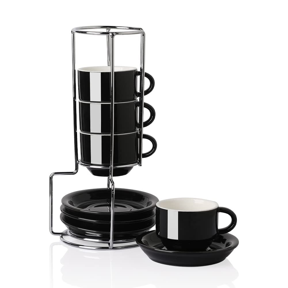 SWEEJAR Porcelain Espresso Cups with Saucers, 2.5 Ounce Stackable Cappuccino Cups with Metal Stand for Coffee Drinks, Latte, Tea - Set of 4 (Black)