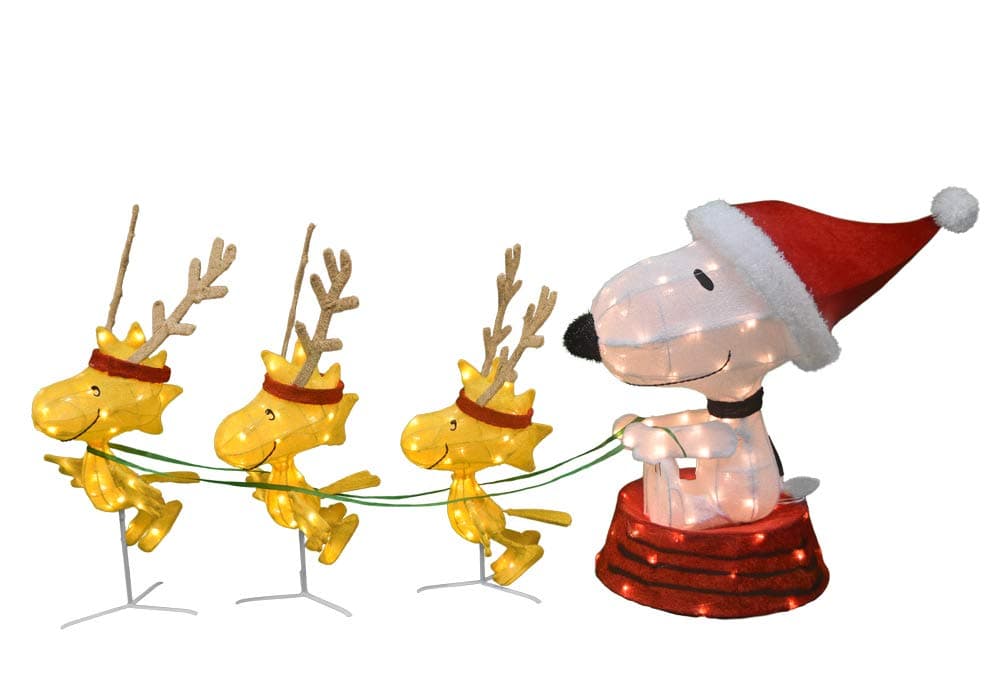 60-Inch Peanuts 4-Piece 3D LED Pre-Lit Snoopy in Dog Bowl Sled with Woodstock Reindeer Christmas Décor, 180 Lights