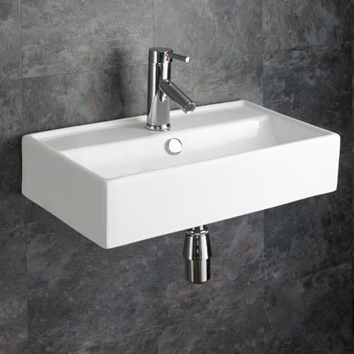 Narrow Wall Hung Rectangular Modern Bathroom Basin 550mm by 310mm in White Ceramic with Built in Overflow Perugia
