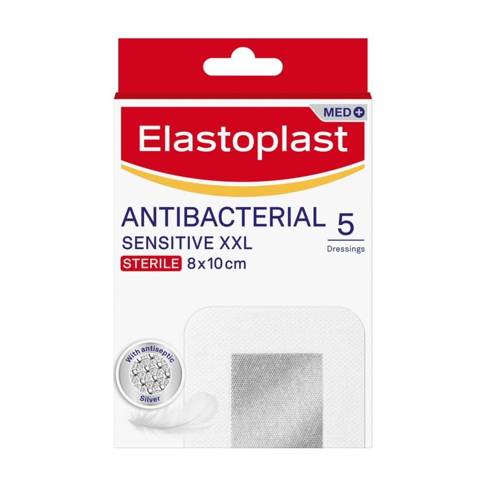 Elastoplast Sensitive Antibacterial Silver Plasters XXL (10 pieces) Large Pack of First Aid Plasters with Antiseptic Silver, Breathable Plasters, Plasters Elastoplast